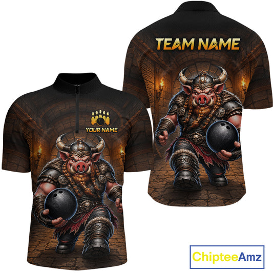 Custom Viking Pig Bowling Shirt Black & Brown Funny Bowling Jersey for Men Polo & Quarter-Zip QZT1226