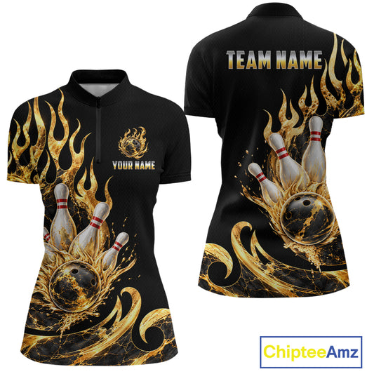Custom Flame Bowling Shirt Black Gold Liquid Bowling Jersey for Women Polo & 1/4-Zip QZT1356