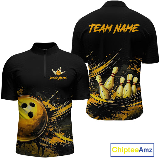 Custom Black & Gold Bowling Shirt for Men Bowling Team Jersey Bowling Outfit Polo & Quarter-Zip QZT988