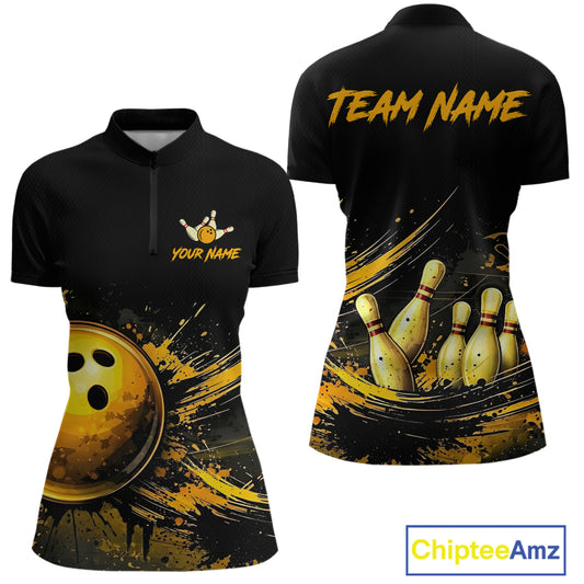 Custom Black & Gold Bowling Shirt for Women Bowling Team Jersey Bowling Outfit Polo & Quarter-Zip QZT988