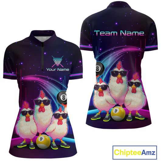 Front and back views of a short-sleeve zip-neck polo shirt with a colorful cosmic print and cartoon chickens wearing sunglasses, shown on a white background