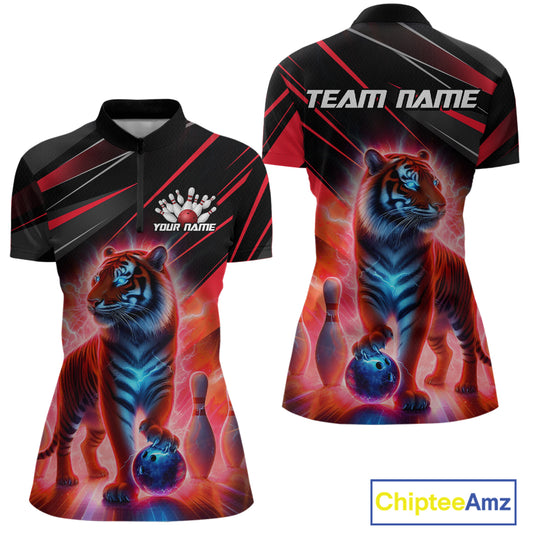 Red Tiger Bowling Team Shirt Custom Bowling League Jersey for Women Bowling Outfit Polo & 1/4 Zip QZT773