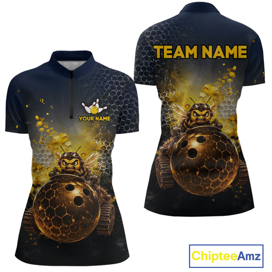 Custom black & gold funny bee bowling quarter-zip shirt, front and back views, bowling league jersey for women