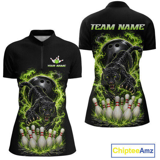 Custom Green Flame Panther Bowling Shirt for Women Bowling Team Jersey Polo & Quarter-Zip QZT1231