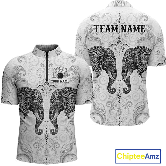 Custom black & white tribal elephant bowling quarter-zip shirt, front and back views, bowling league jersey for men