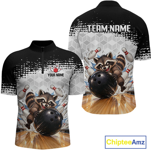 Custom Funny Raccoon Bowling Shirt Black White Bowling Jersey for Men QZT1313