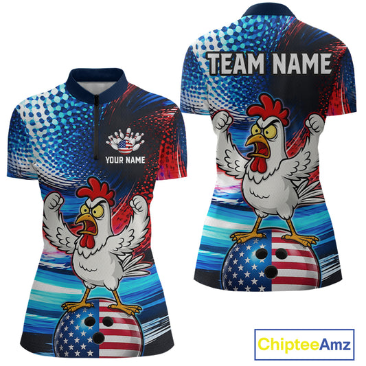 Custom American Flag Chicken Bowling Shirt for Women Funny Bowling Jersey Polo & 1/4-Zip QZT1254