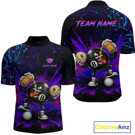 Custom Funny Beer Billiard Shirt 8 Ball & 9 Ball Billiard Jersey for Men Pool Shirt Polo & 1/4 Zip BHT120