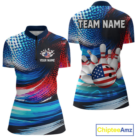 Custom bowling-themed short-sleeve quarter-zip shirt shown from the front and back on a white background. The shirt features a patriotic American flag design with blue, red, and white abstract patterns, bowling pins, and a bowling ball decorated with the US flag.