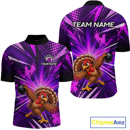 Custom Purple Funny Turkey Bowling Shirt for Men Thanksgiving Bowling Jersey QZT1336