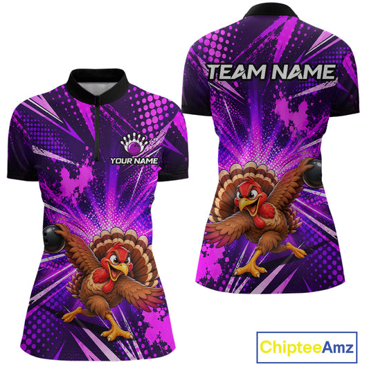 Custom Purple Funny Turkey Bowling Shirt for Women Thanksgiving Bowling Jersey QZT1336