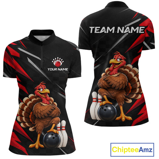 Custom Black & Red Funny Turkey Bowling Shirt for Women Thanksgiving Bowling Jersey QZT1337