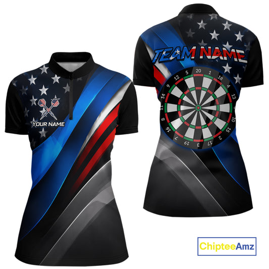 Front and back view of a custom dart quarter zip featuring a patriotic dartboard graphic with red, blue, and silver diagonal stripes, personalized team name and player name.
