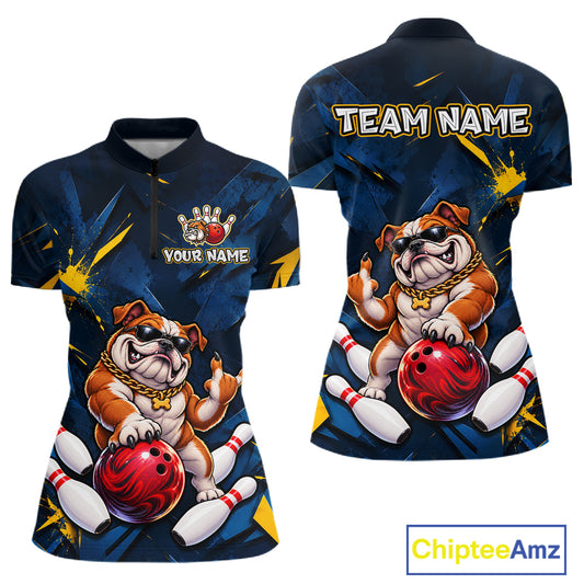 Custom Navy & Yellow Funny Bulldog Bowling Shirt for Women Bowling Jersey QZT1340