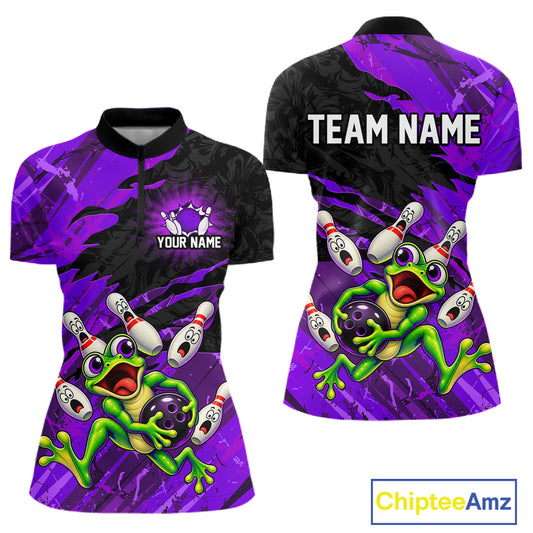 Custom Purple Funny Frog Bowling Shirt for Women Bowling Team Jersey QZT1271
