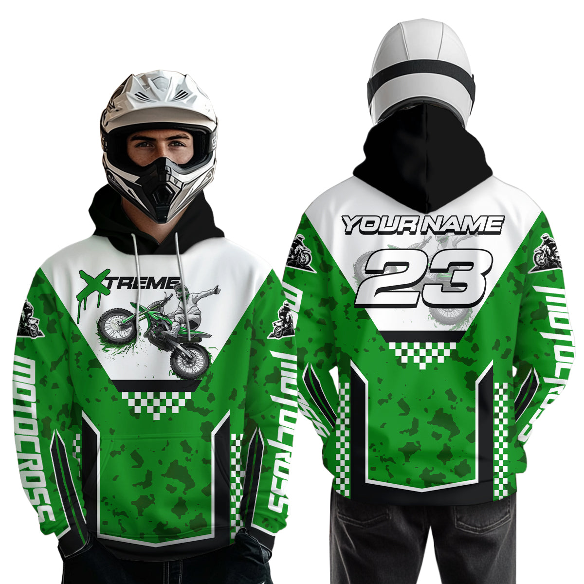 Green Motocross Hoodie Dirt Bike Hoodie Kid Adults UPF30+ Custom Racing Sweatshirt MotoX MHT300