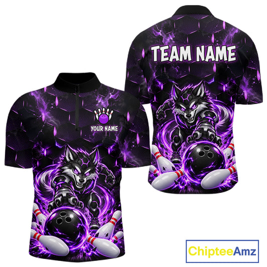 Wolf Bowling Shirt for Men Custom Purple Bowling Team Jersey Polo & 1/4-Zip QZT1344