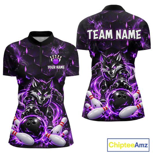 Wolf Bowling Shirt for Women Custom Purple Bowling Team Jersey Polo & 1/4-Zip QZT1344