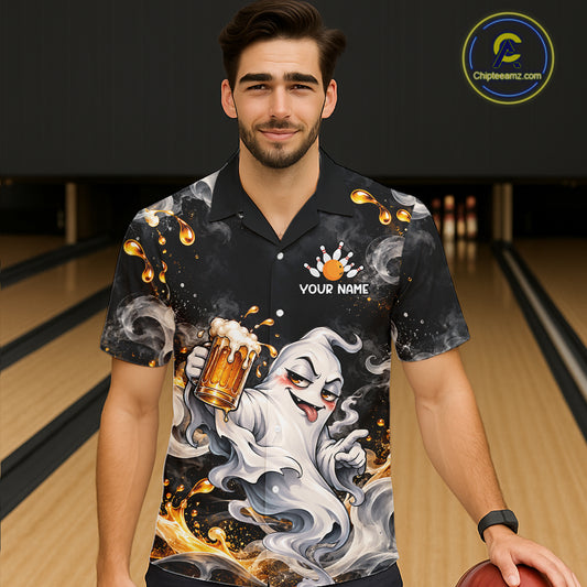 Funny Ghost & Beer Bowling Hawaiian Shirt Custom Black Yellow Bowling Team Button Up Shirt QZT1347
