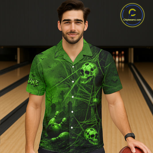 Custom Spider Skull Bowling Hawaiian Shirt Green Skull Bowling Jerseys Halloween QZT1349