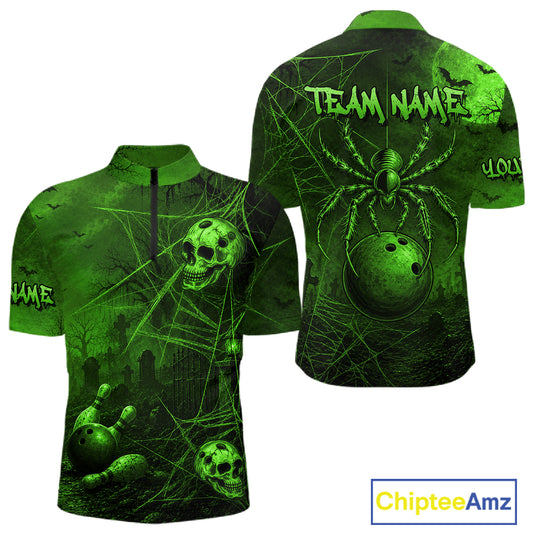 Custom Spider Skull Bowling Team Shirt for Men Green Skull Bowling Jerseys Polo & 1/4-Zip QZT1349