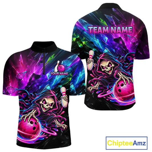 Custom Grim Reaper Bowling Team Shirt for Men Colorful Glass Bowling Jersey Polo & 1/4-Zip QZT1350