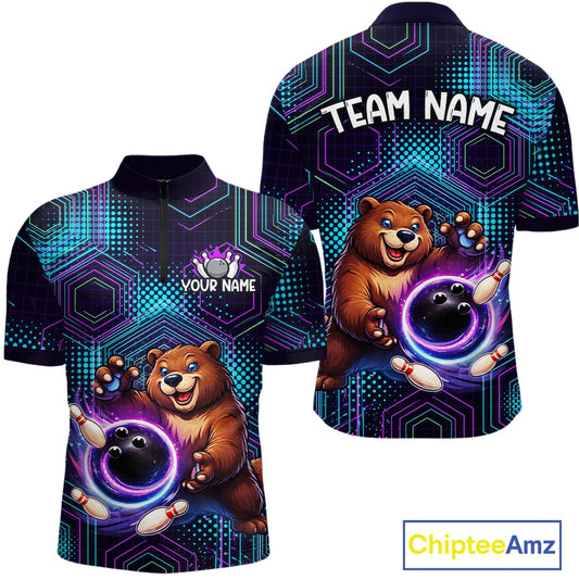 Custom Funny Bear Bowling Shirt for Men Bowling League Jersey Polo & 1/4 Zip Bowling Outfit QZT986