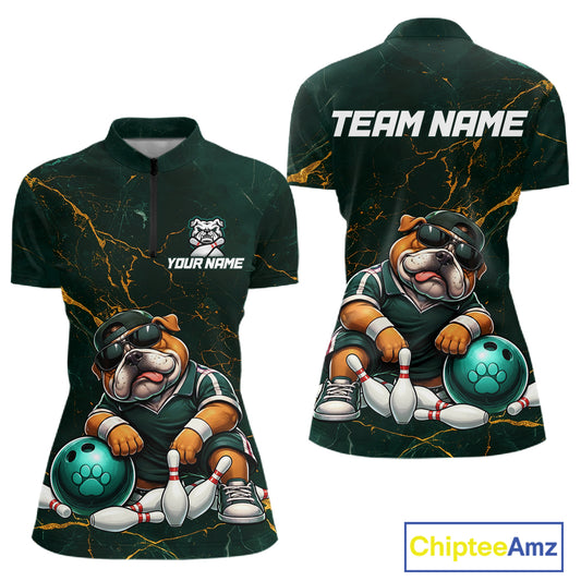 Custom Funny Bulldog Bowling Shirt for Women Emerald & Antique Gold Bowling Jersey Polo & 1/4-Zip QZT1357