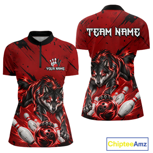 Custom Black and Red Bowling Shirt for Women Wolf Bowling Jersey for Team Bowling Outfit QZT1360