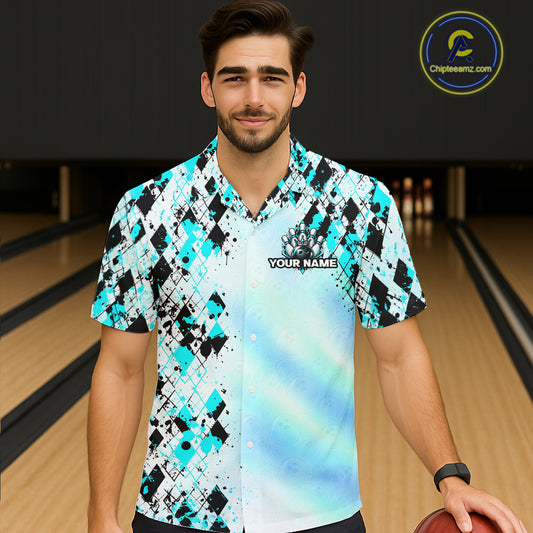 Custom Aurora Gradient Bowling Hawaiian Shirt for Men Women Teal Argyle Bowling Button Up Shirt QZT1361