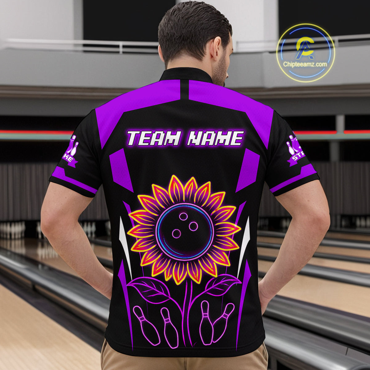 Purple Neon Lightning Sunflower Bowling Shirt for Men Custom Team Bowling Polo Bowling Jersey QZT771