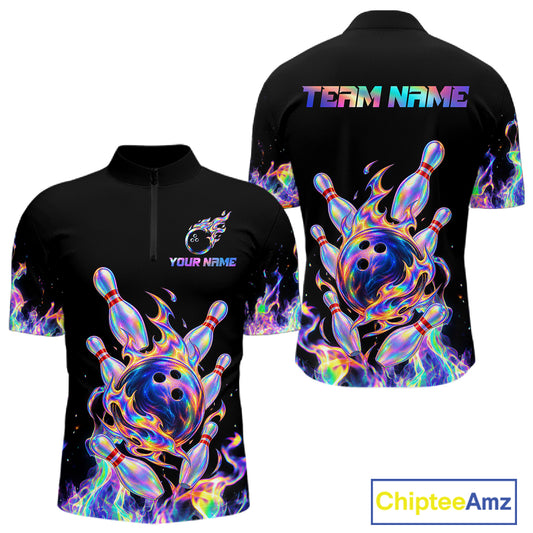 Custom Holographic Flames Bowling Shirt for Men Bowling League Jersey QZT1341