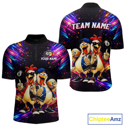 Custom Neon Funny Chicken Billiard Shirt for Men Colorful 8 Ball & 9 Ball Shirt Buddy Billiard Jersey BHT43