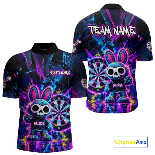 Custom Neon Skull Bunny Dart Shirt for Men Dart League Jersey Polo & 1/4-Zip DHT74