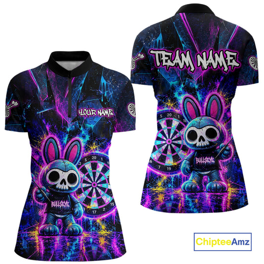Custom Neon Skull Bunny Dart Shirt for Women Dart League Jersey Polo & 1/4-Zip DHT74