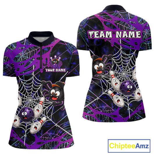 Custom purple funny spider bowling quarter-zip shirt, front and back views, bowling league jersey for women