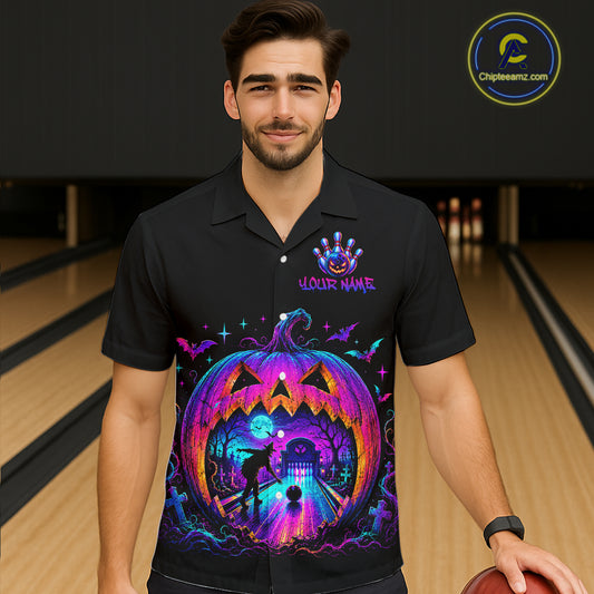 Custom Halloween Pumpkin Bowling Hawaiian Shirt Neon Glow Bowling Team Jersey for Men Women QZT1227
