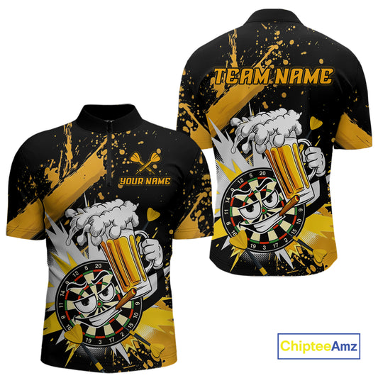 Front and back views of a black short-sleeve quarter-zip with a bold yellow, white, and gray graphic print featuring cartoon beer mugs, dartboards, and paint splatters. The front has placeholder text 'YOUR NAME' and 'TEAM NAME' on the chest.