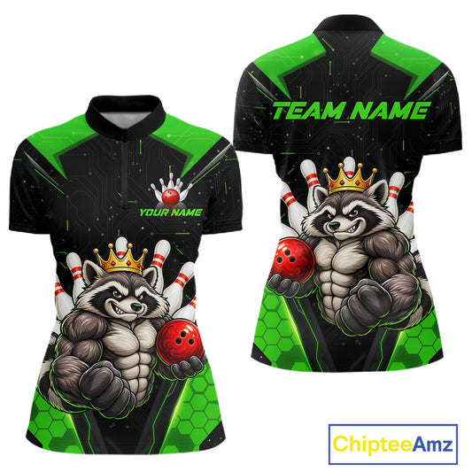 Custom Green Funny Raccoon Bowling Shirt for Women Bowling Team Jersey Bowler Gift QZT1300