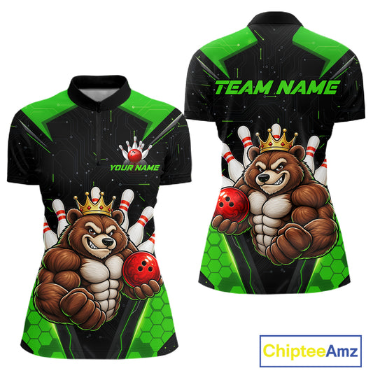 Custom Green Funny Bear Bowling Shirt for Women Bowling Team Jersey Bowler Gift QZT1301