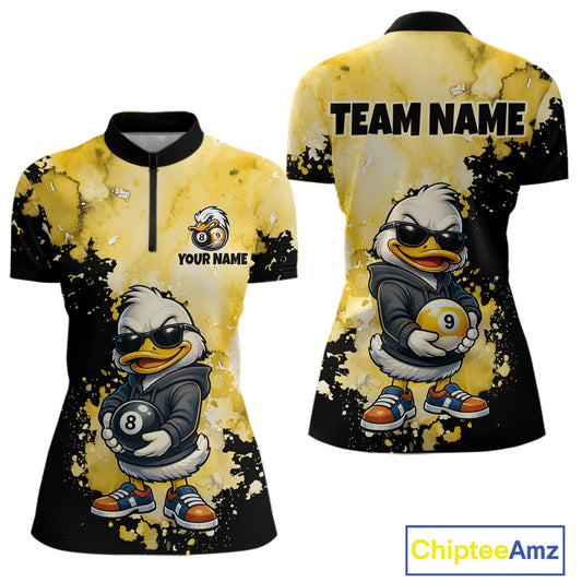 Front and back views of a women's short-sleeve polo shirt with a yellow and black splatter design, featuring a cartoon duck character wearing sunglasses and holding pool balls, with customizable text areas on the chest and back.