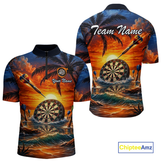 Custom Dart Team Shirts for Men Polo & 1/4 Zip Dart Jersey Sunset Tropical Design Dartboard Shirt DHT30