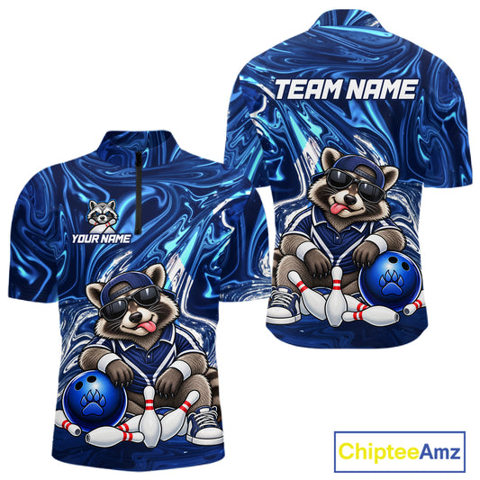Custom Funny Raccoon Bowling Shirt for Men Blue Bowling Jersey Polo & 1/4-Zip QZT1309
