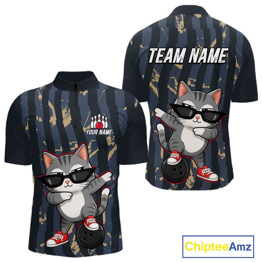 Bowlling shirt with cartoon cat design and customizable text on a white background