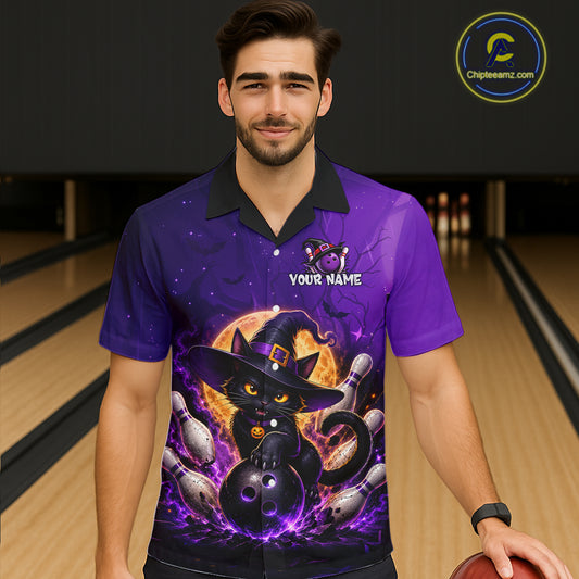 Custom Witch Cat Bowling Hawaiian Shirt Halloween Bowling Jersey for Men and Women QZT1174