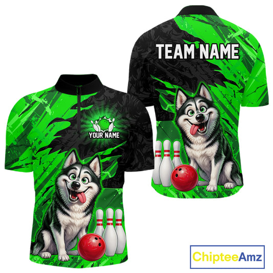Custom Funny Husky Bowling Shirts for Men Green Bowling League Jersey QZT1317
