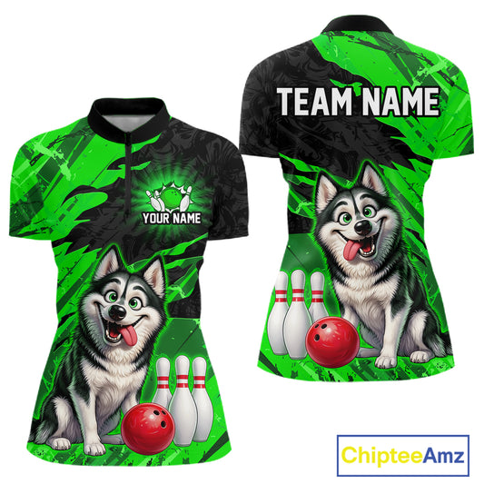 Custom Funny Husky Bowling Shirts for Women Green Bowling League Jersey QZT1317