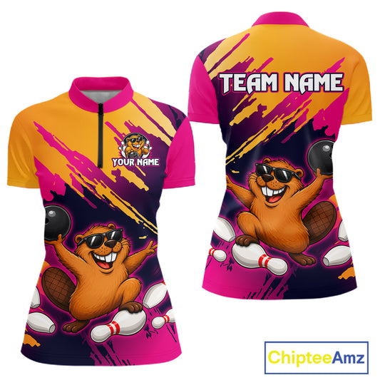 Colorful sports jersey with cartoon beaver design and customizable text on a white background