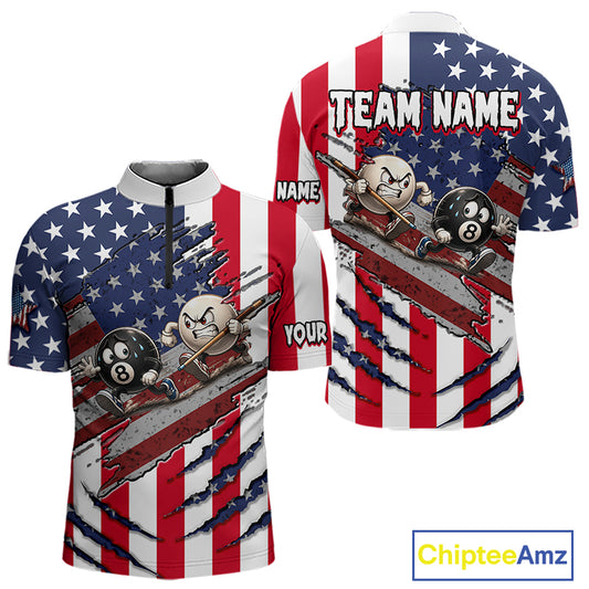Custom short-sleeve cycling jersey shown from the front and back, featuring a red, white, and blue American flag design with cartoon pool balls and a torn-paper effect. Includes placeholder text 'TEAM NAME' and 'NAME' for personalization.