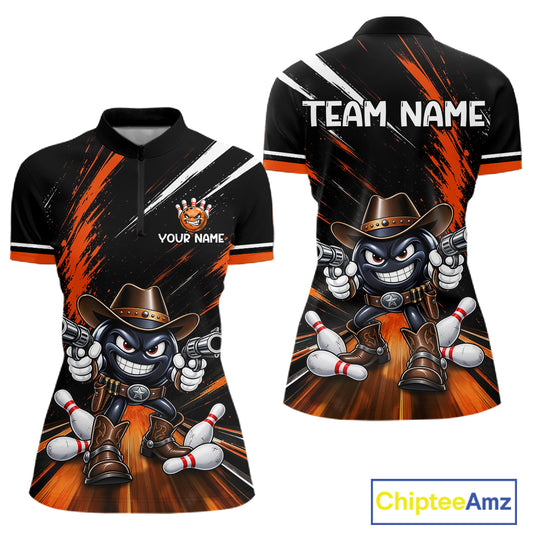 Custom Orange Funny Cowboy Gun Bowling Shirt for Women Bowling Jersey QZT1325
